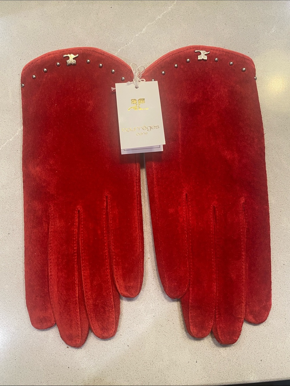 Courrèges Red Suede Studded Logo Gloves — NWT